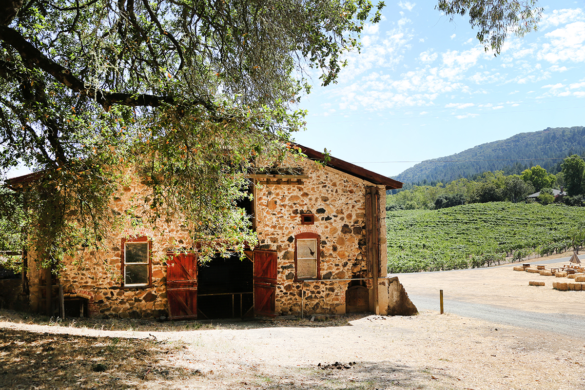 The front of Jack London's home in Sonoma County with vineyards in the background.